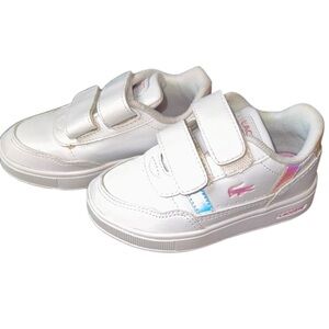 Lacoste Toddler Girls White Leather Velcro Sneakers Iridescent Pink Accents Sz 7